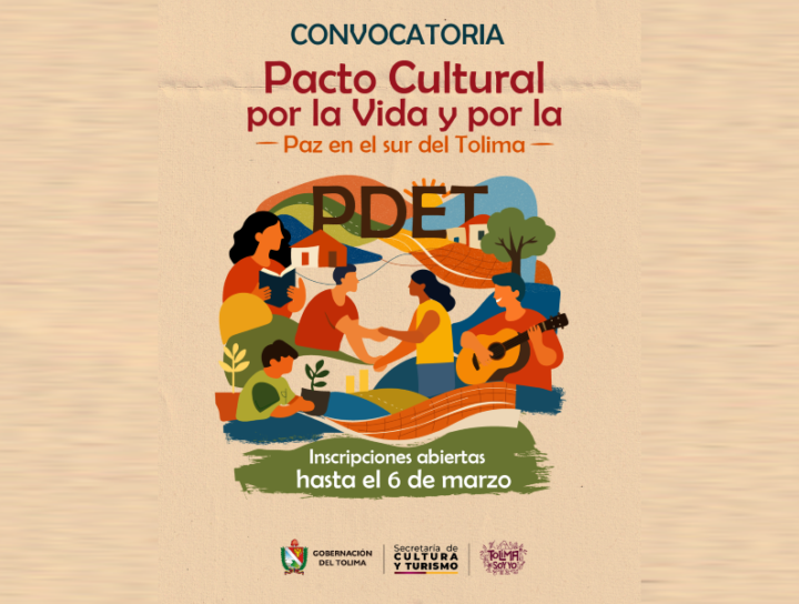 Ilustración gráfica de la convocatoria que impulsa la cultura como motor de paz en municipios PDET del sur del Tolima.